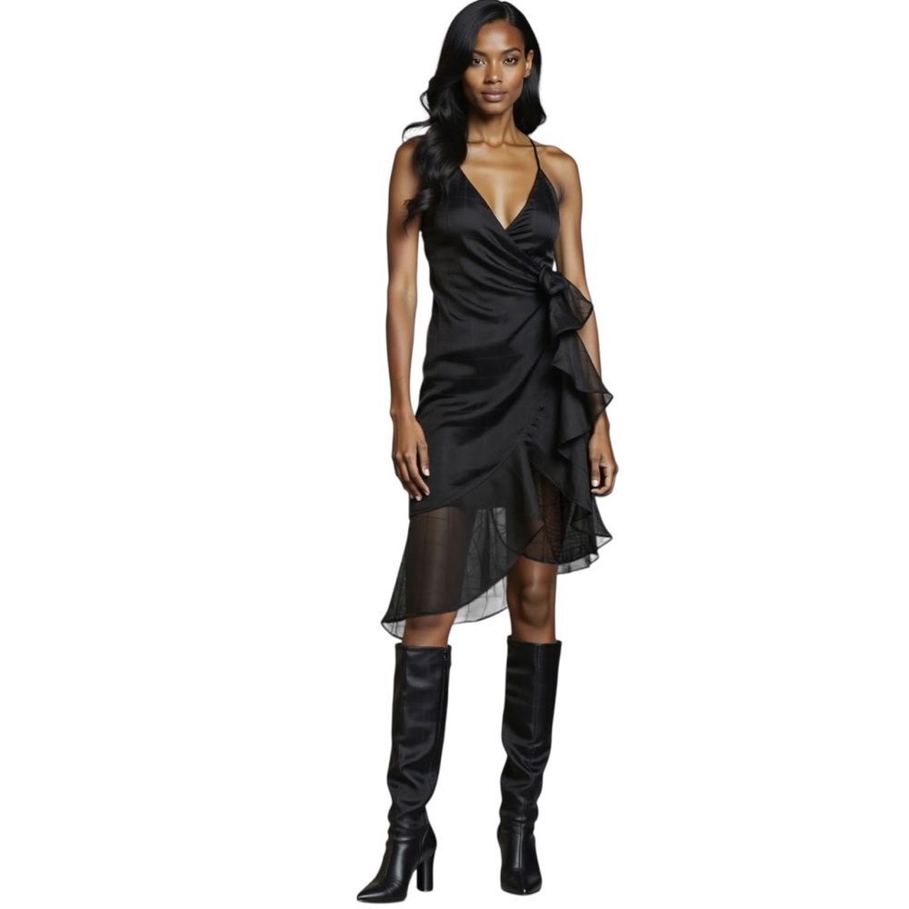 NY&Co Dress Day Black Ruffle Wrap Midi Dress Medium Sheer Organza Cocktail NWT